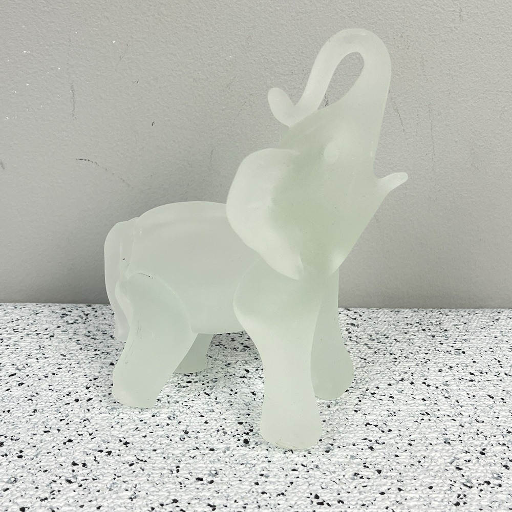 Frosted Glass Elephant Figurine Knick Knack Trunk Up‎ Collectible